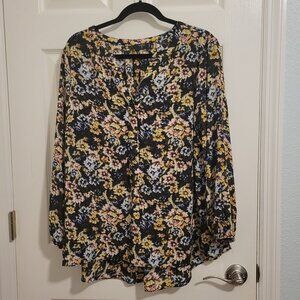 Tahari Black Floral Artsy Split V Neck 3/4 Sleeve Boho Top Women's Plus Size 2X